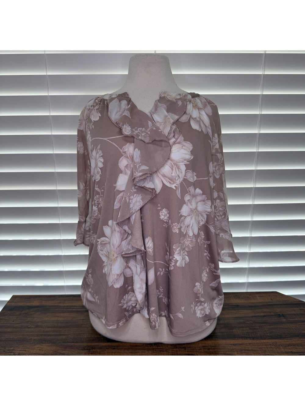 Taupe Floral Ruffle Front Blouse with Sheer Sleeves